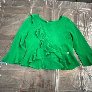 KORALLINE Bright Green Long Sleeve Blouse with Crew Neck 100% silk